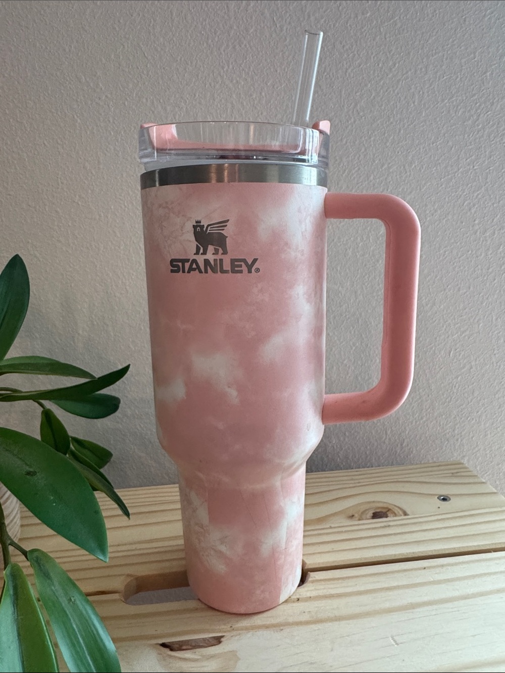 Stanley Pink print Travel Tumbler with Handle and Clear Lid